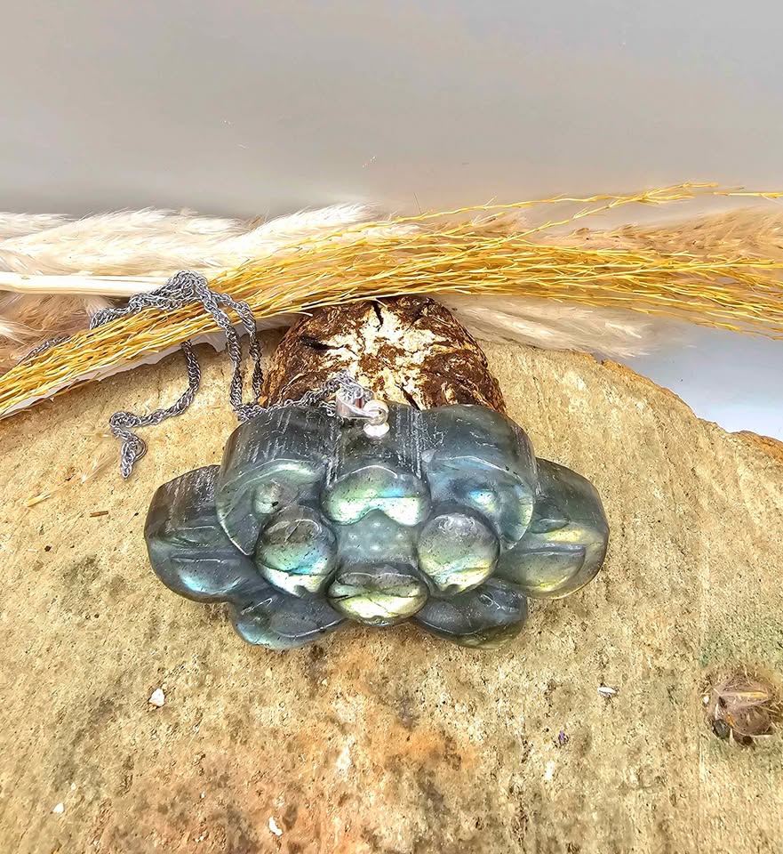 Labradorite carved flashy lotus pendant necklace carving detail — My Aura Gemstones