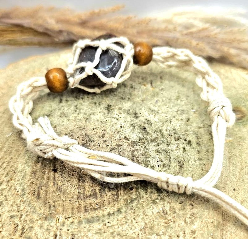 Auralite 23 polished stone mesh cage adjustable bracelet lifestyle view — My Aura Gemstones