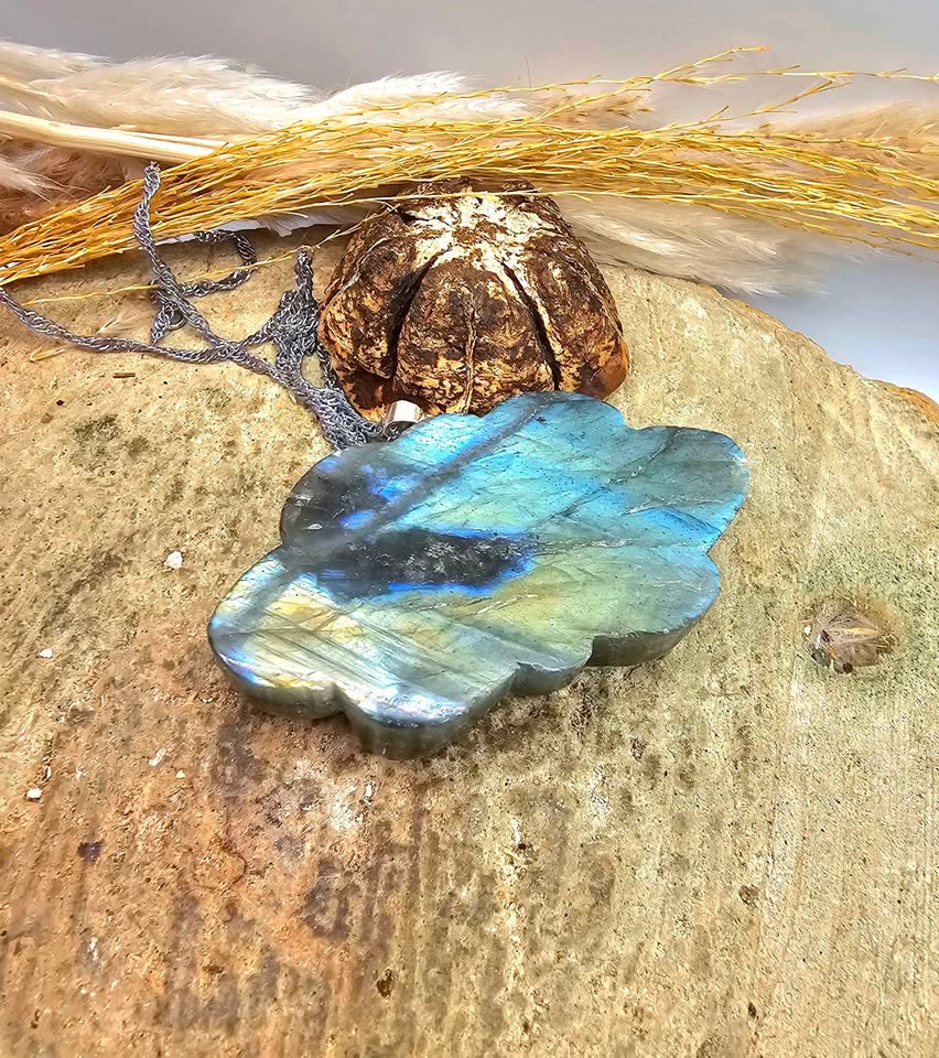 Labradorite carved flashy lotus pendant necklace worn — My Aura Gemstones