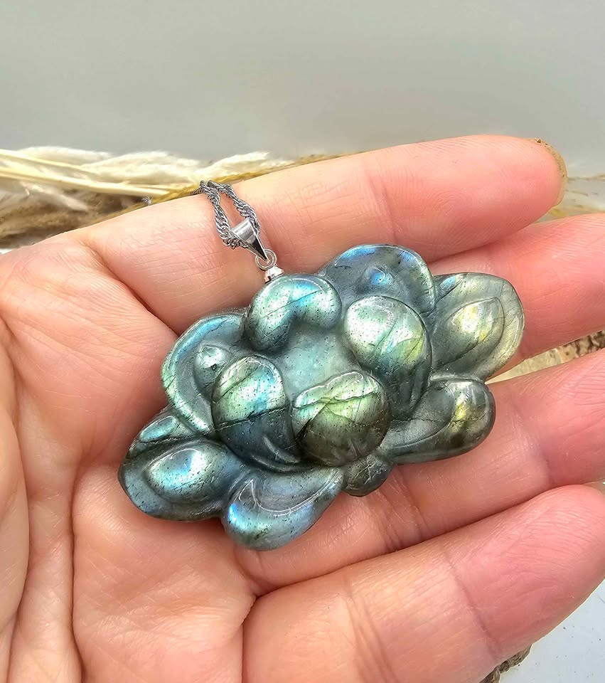 Labradorite carved flashy lotus pendant necklace back view — My Aura Gemstones