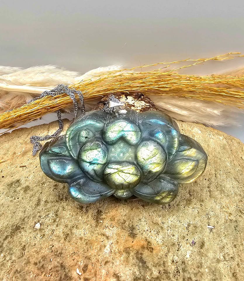 Labradorite carved flashy lotus pendant necklace flash close-up — My Aura Gemstones