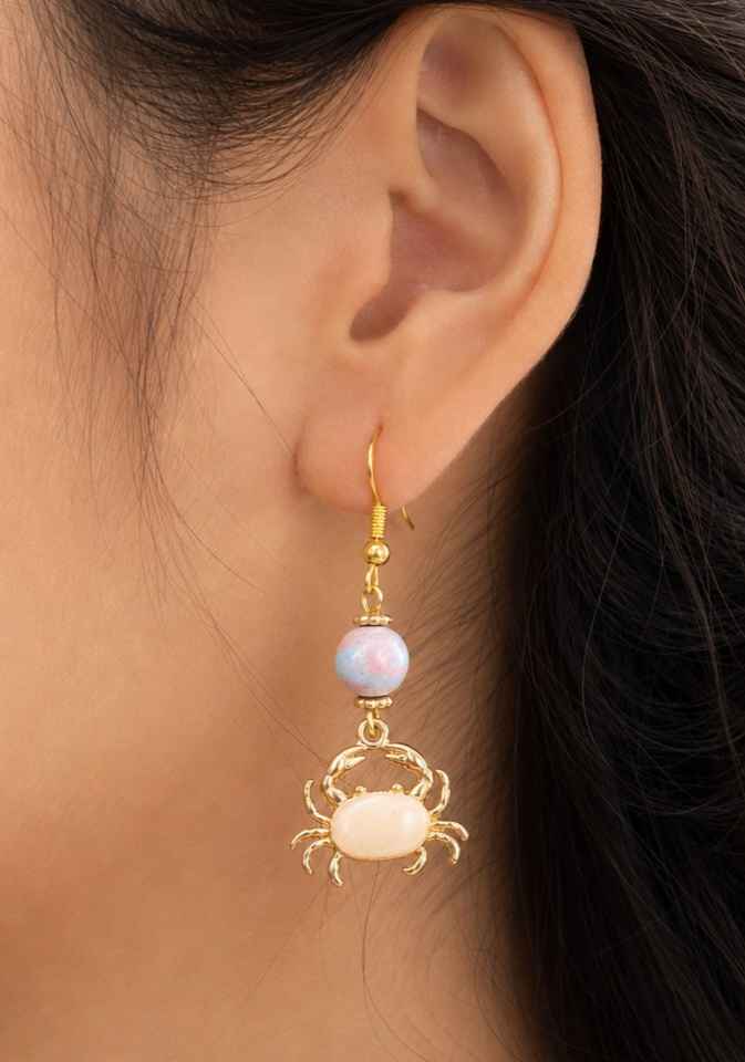 Alashan agate pink crab dangle earrings carving close-up — My Aura Gemstones