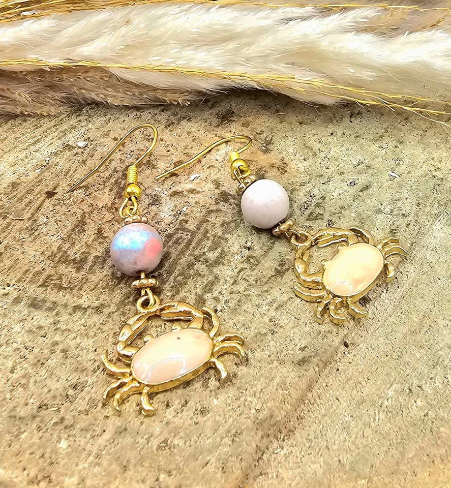 Alashan agate pink crab dangle earrings alternate angle — My Aura Gemstones