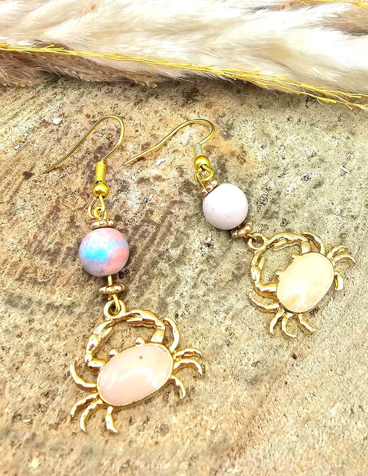 Alashan agate pink crab dangle earrings side view — My Aura Gemstones