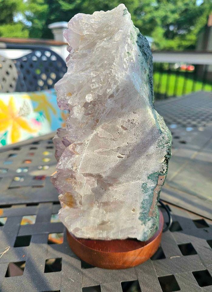 Large Amethyst Geode Cluster Lamp With Wood Lamp Base