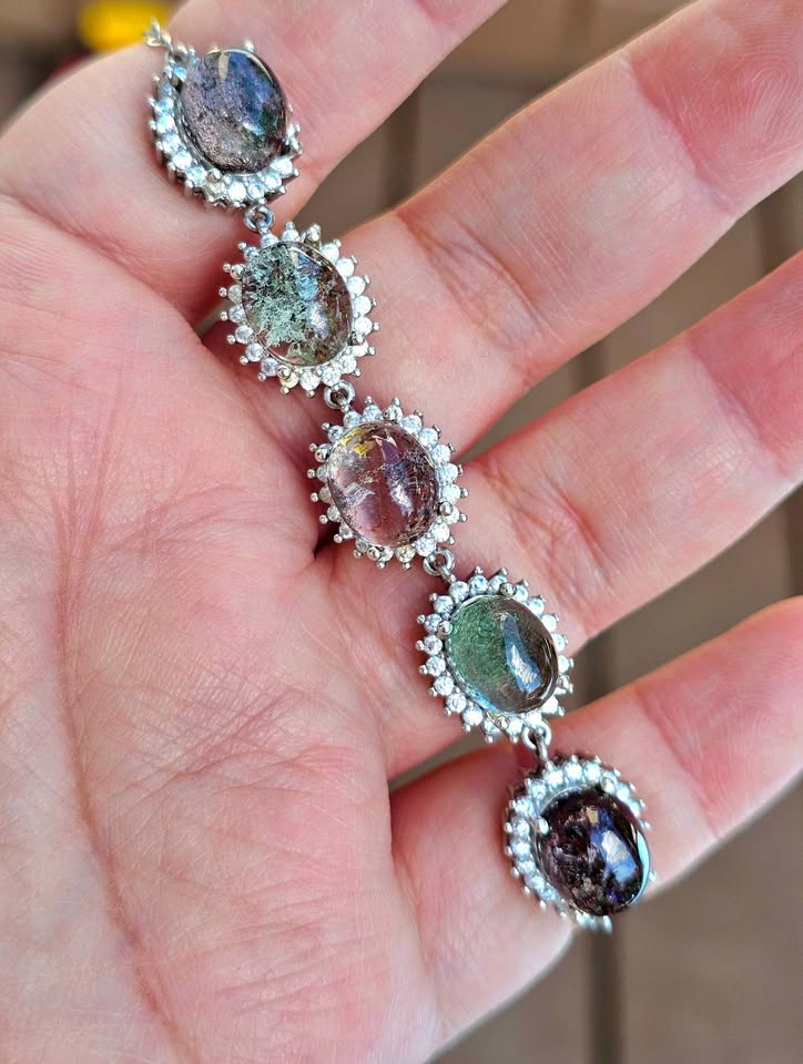 Garden quartz silver tone link bracelet lifestyle view — My Aura Gemstones