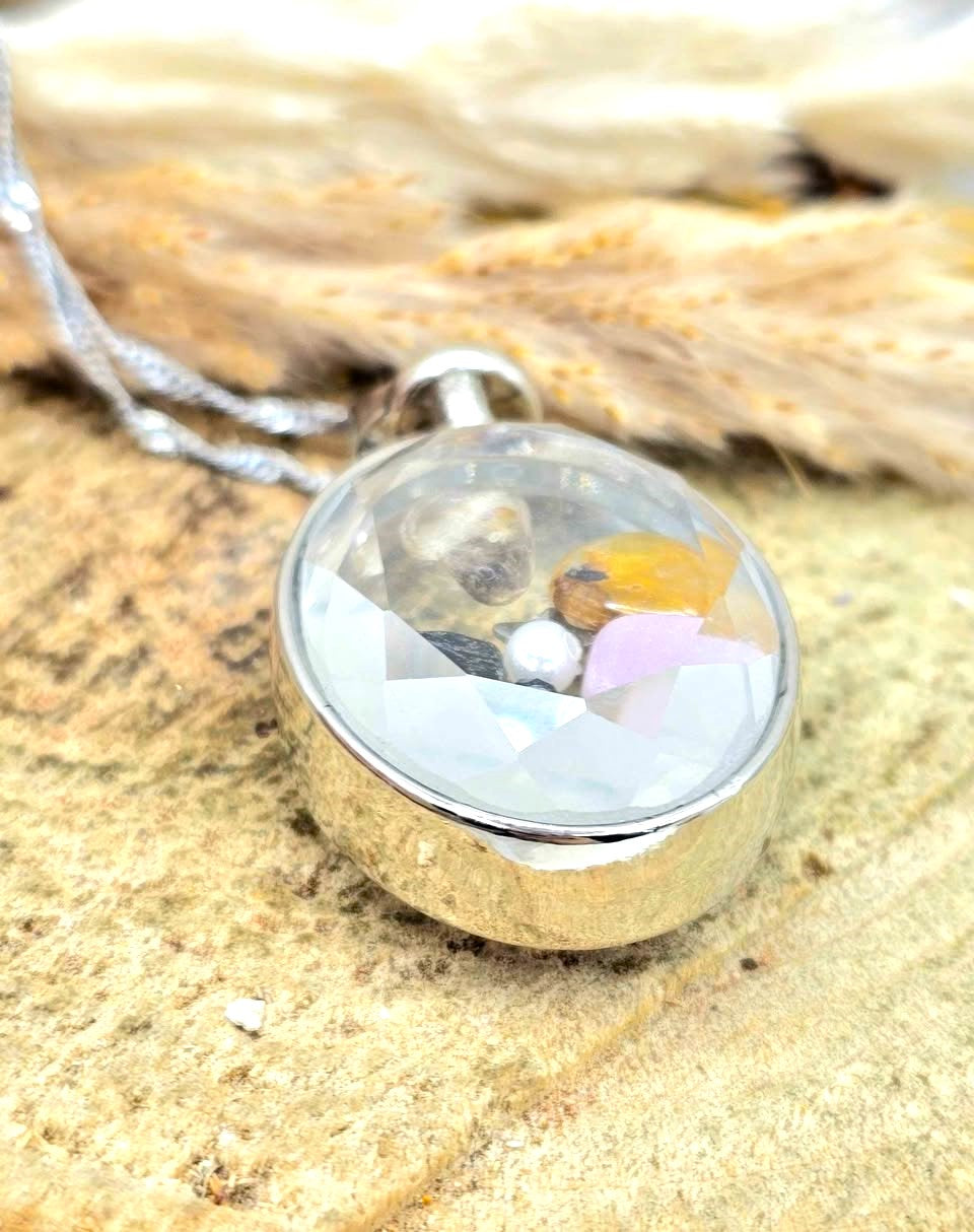 Nature Mixed Floating Crystals Oval Pendant Necklace