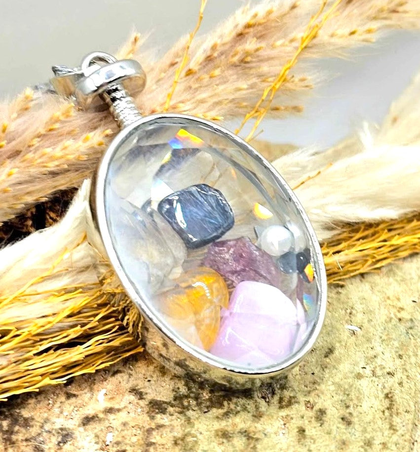 Nature Mixed Floating Crystals Oval Pendant Necklace