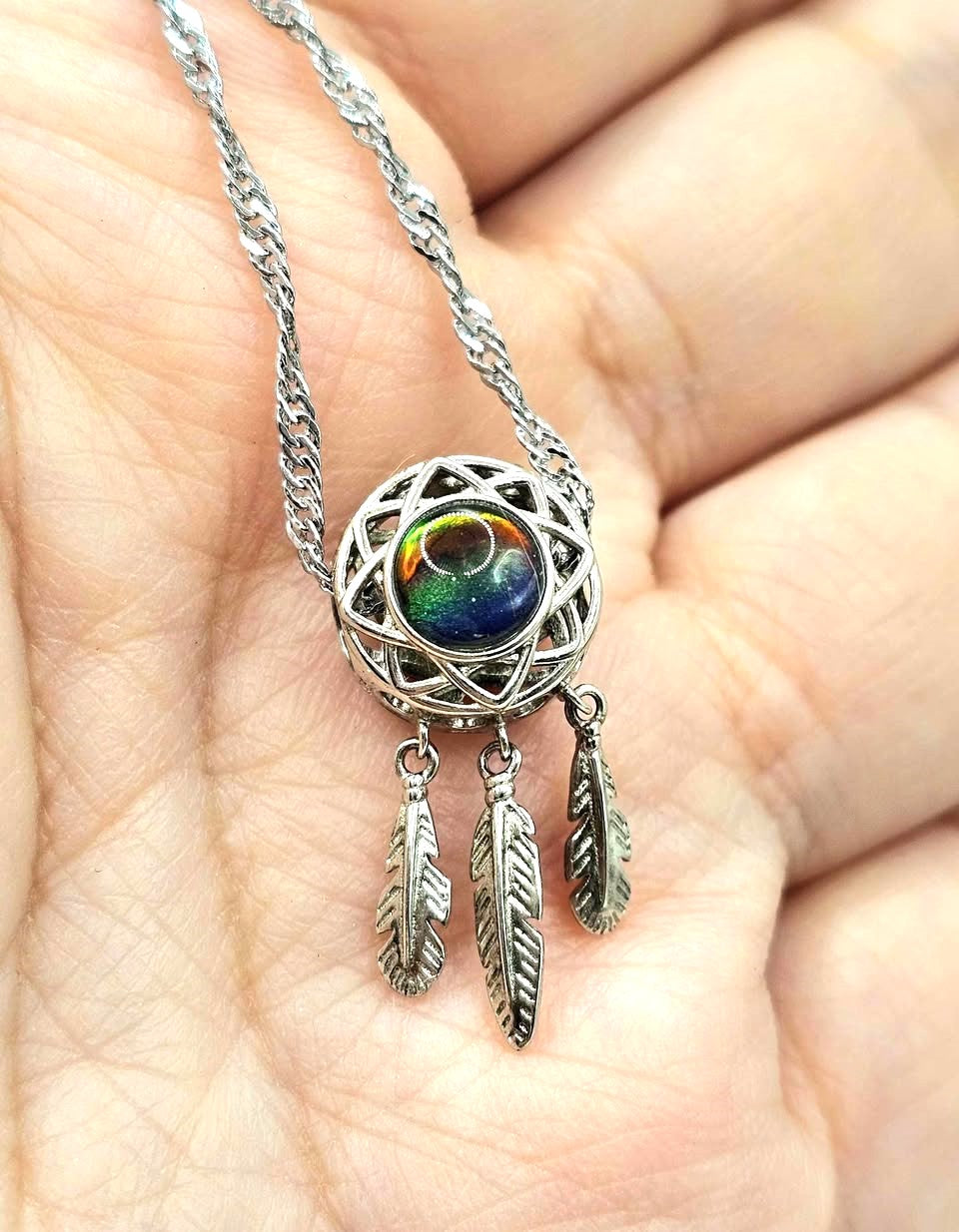 Genuine Canadian Ammolite Dream Catcher Pendant Necklace – 925 Sterling Silver