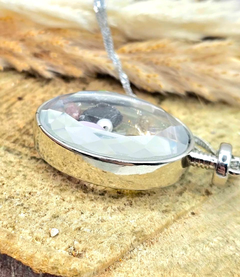 Nature Mixed Floating Crystals Oval Pendant Necklace