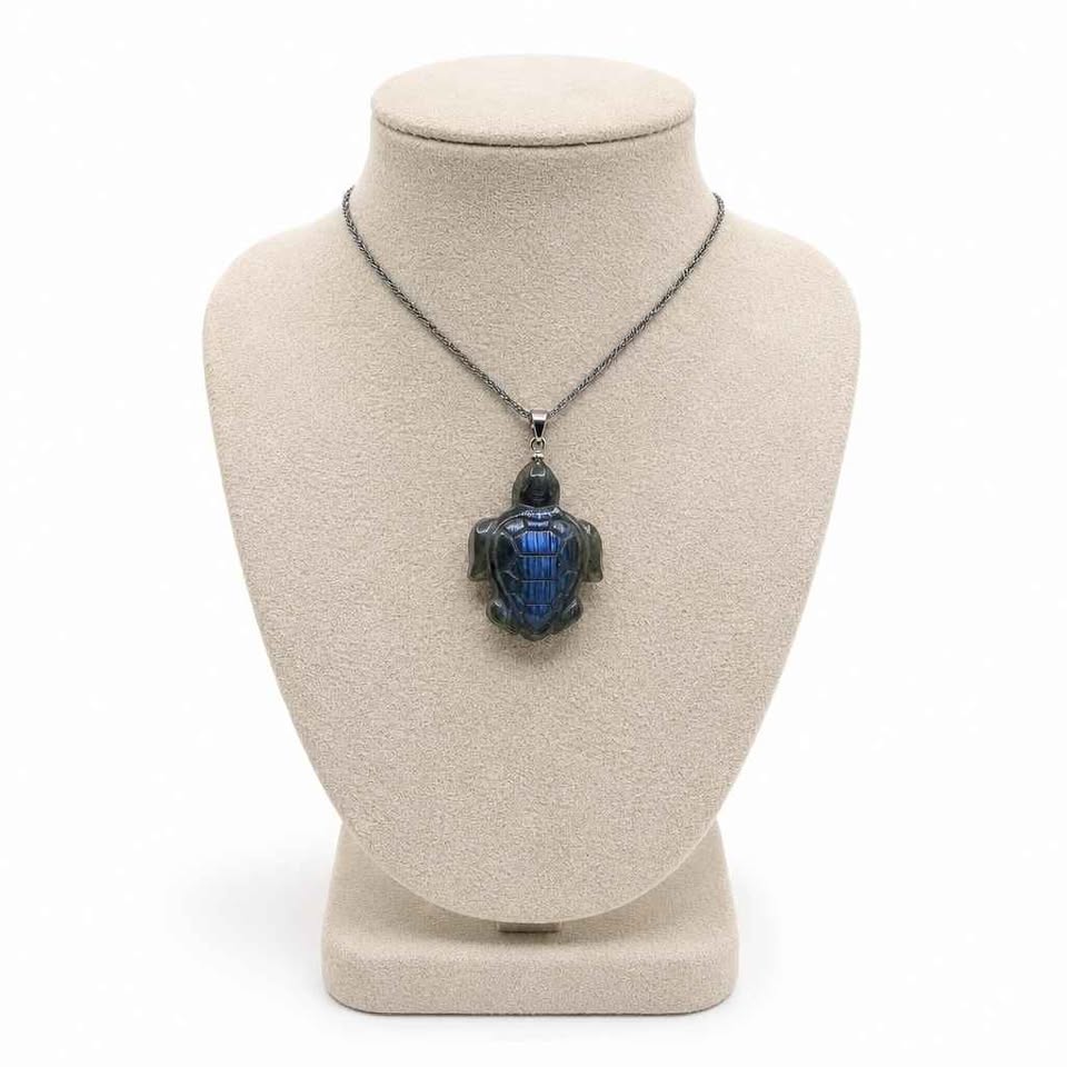 Labradorite carved sea turtle pendant necklace iridescent flash — My Aura Gemstones