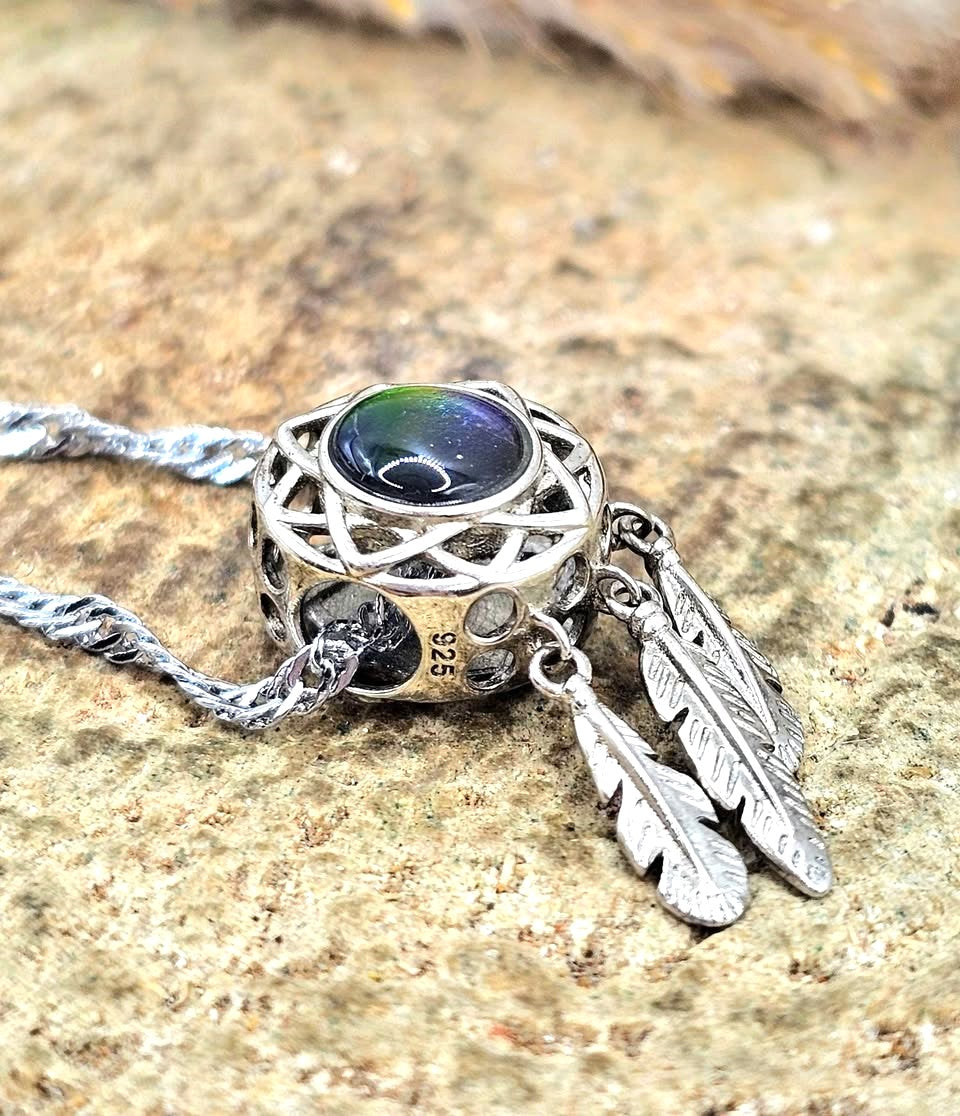 Genuine Canadian Ammolite Dream Catcher Pendant Necklace – 925 Sterling Silver