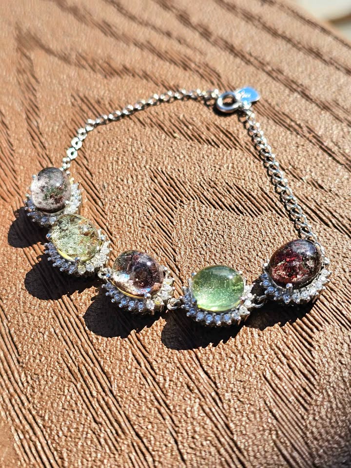 Garden quartz silver tone link bracelet worn on wrist — My Aura Gemstones