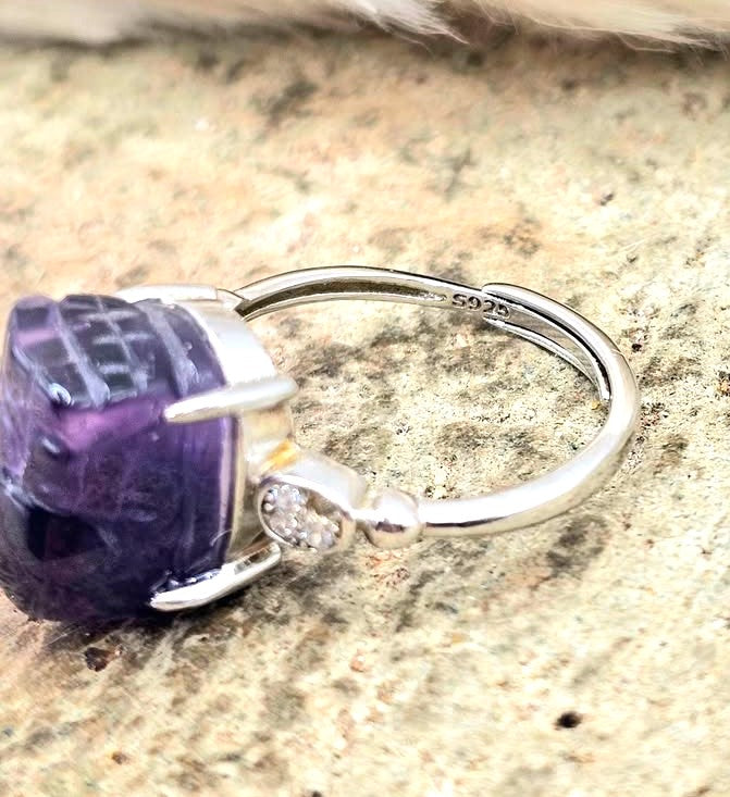 Natural Amethyst Pixiu Adjustable Ring – Hand‑Carved Crystal Protection Ring in S925 Sterling Silver