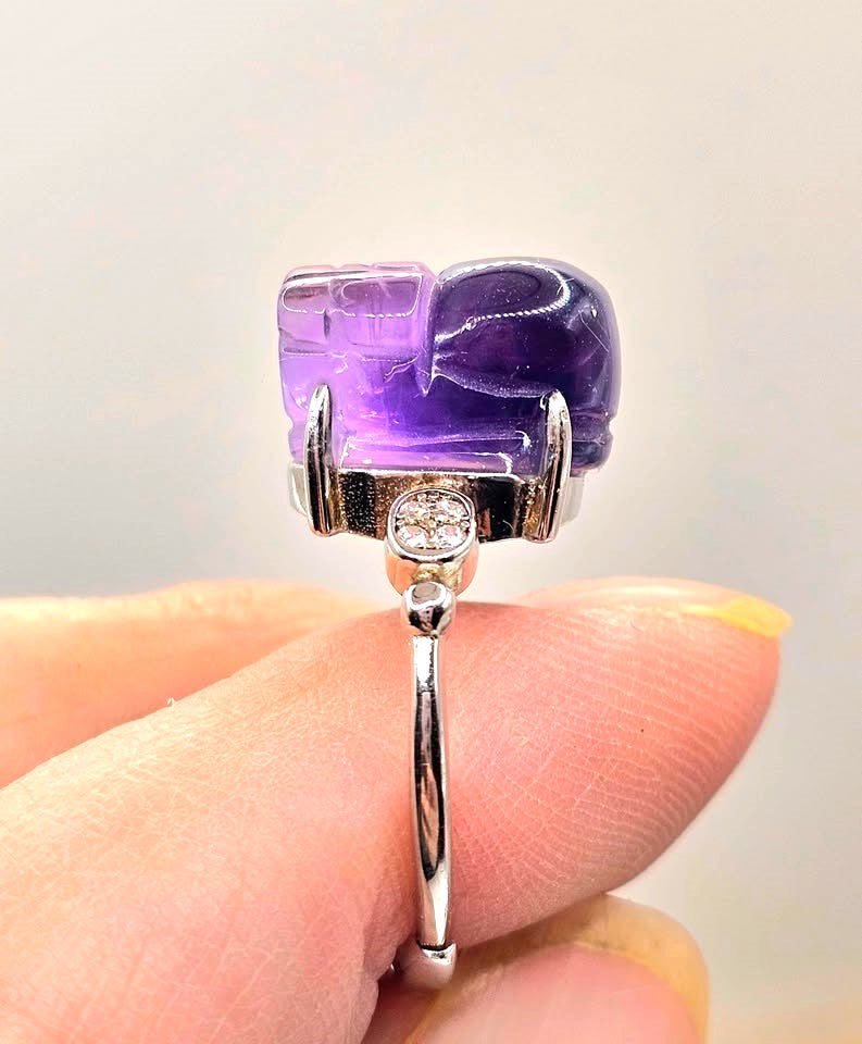 Natural Amethyst Pixiu Adjustable Ring – Hand‑Carved Crystal Protection Ring in S925 Sterling Silver
