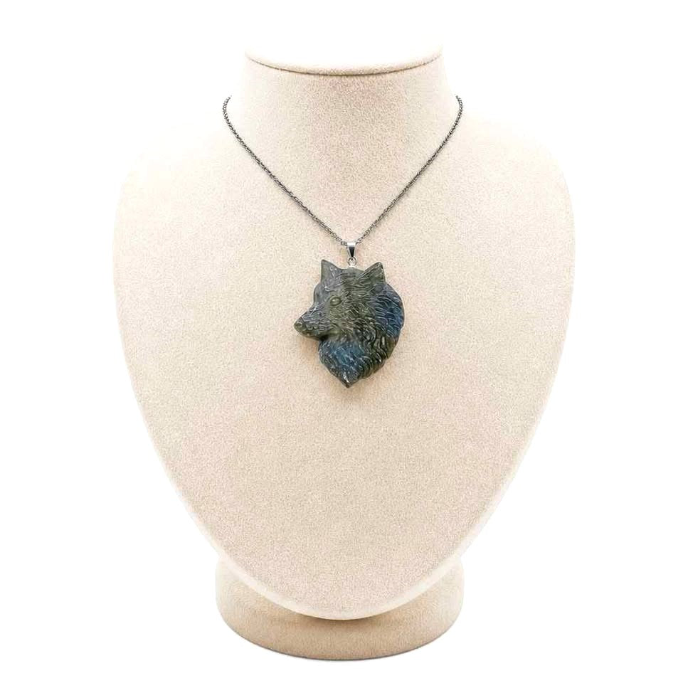 Natural Labradorite Wolf Head Pendant Necklace With Chain