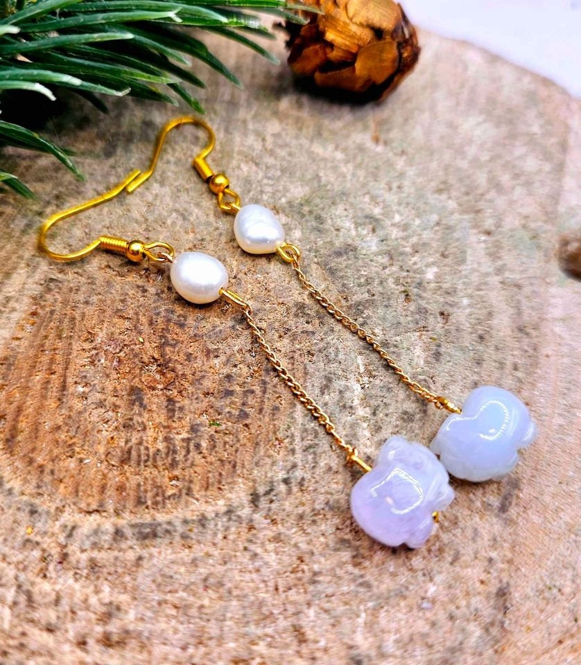 Nature Jade Hand Carved Blessing Pigs Flashy Pearl Dangle Earring