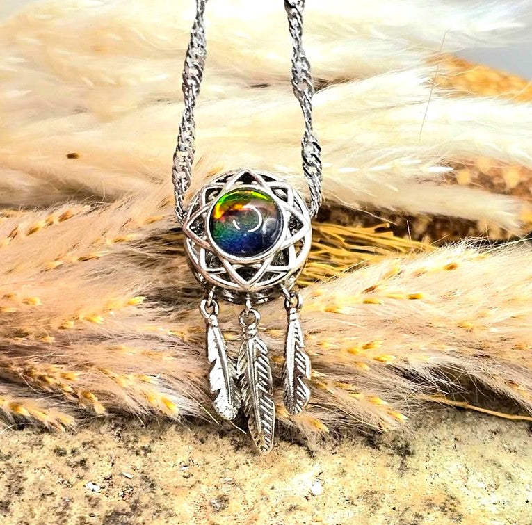 Genuine Canadian Ammolite Dream Catcher Pendant Necklace – 925 Sterling Silver