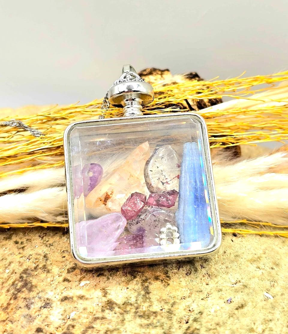 Mixed crystal stones square floating pendant necklace alternate angle — My Aura Gemstones