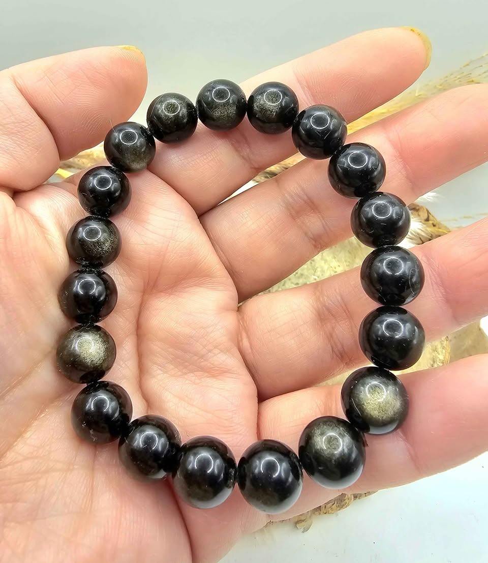 Natural Gold Obsidian Bracelet – 10mm Flashy Round Beads with Strong Cat‑Eye Effect – Protection & Grounding Crystal Jewelr
