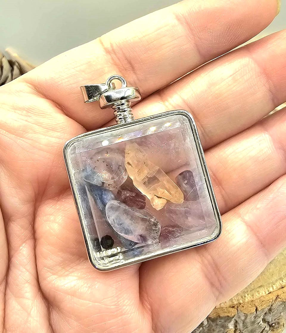 Mixed crystal stones square floating pendant necklace back view — My Aura Gemstones
