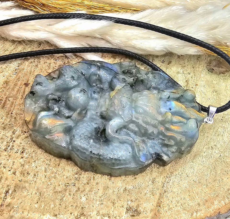 Natural Labradorite Carved Flying Oriental Dragon with Pearl Statement Pendant Necklace