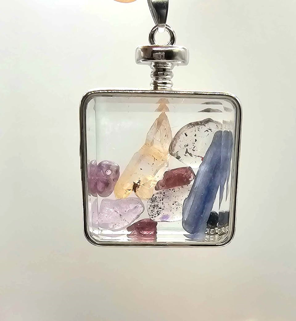 Mixed crystal stones square floating pendant necklace worn view — My Aura Gemstones