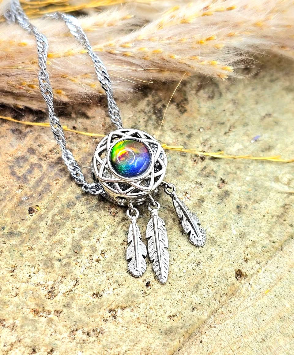 Genuine Canadian Ammolite Dream Catcher Pendant Necklace – 925 Sterling Silver