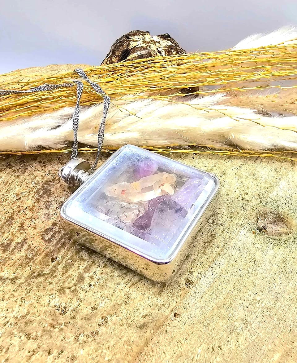 Mixed crystal stones square floating pendant necklace side view — My Aura Gemstones