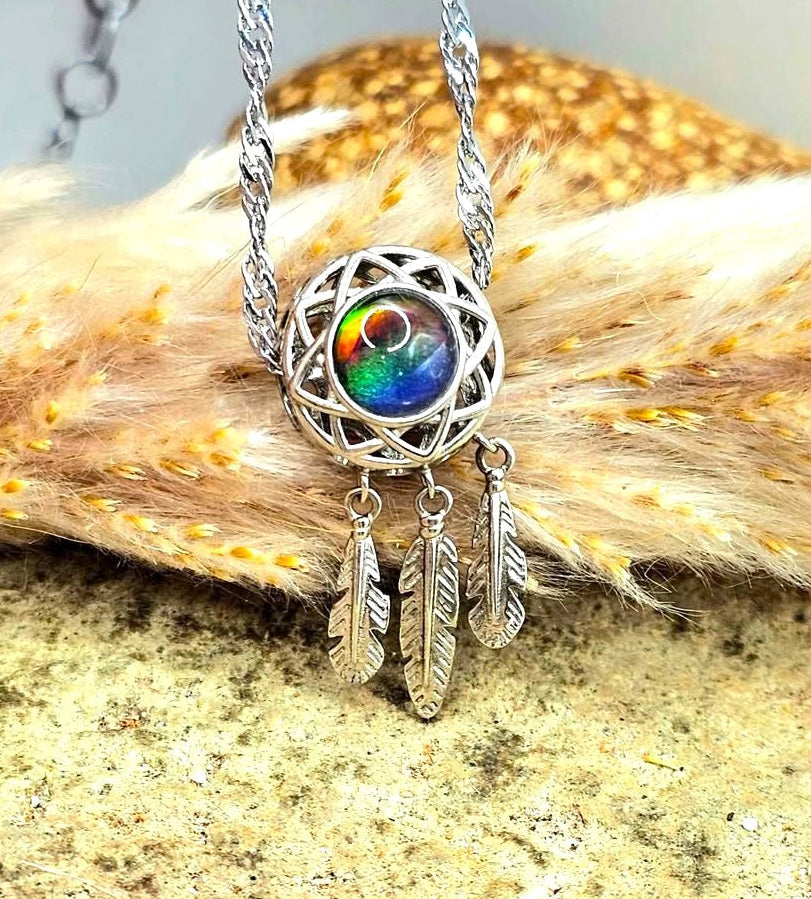 Genuine Canadian Ammolite Dream Catcher Pendant Necklace – 925 Sterling Silver