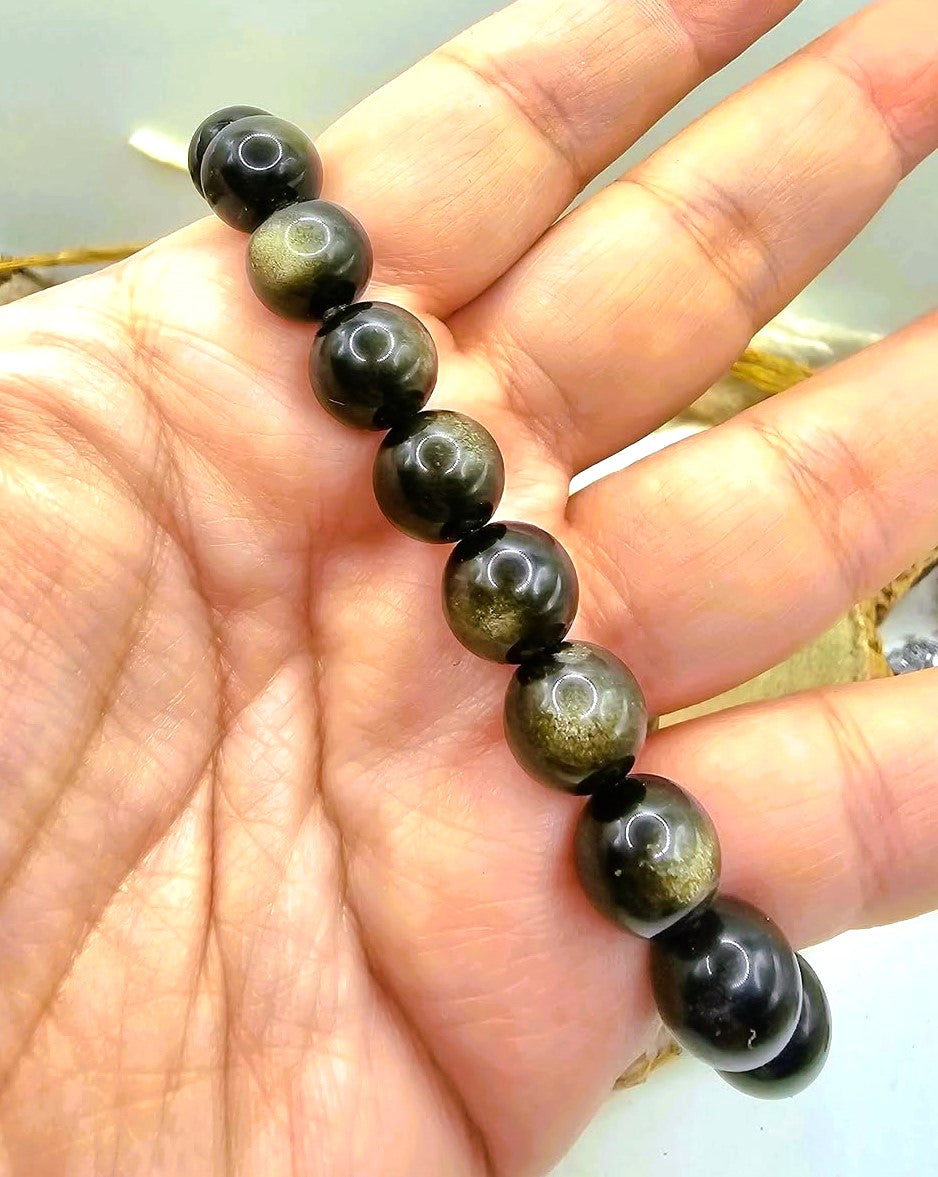 Natural Gold Obsidian Bracelet – 10mm Flashy Round Beads with Strong Cat‑Eye Effect – Protection & Grounding Crystal Jewelr