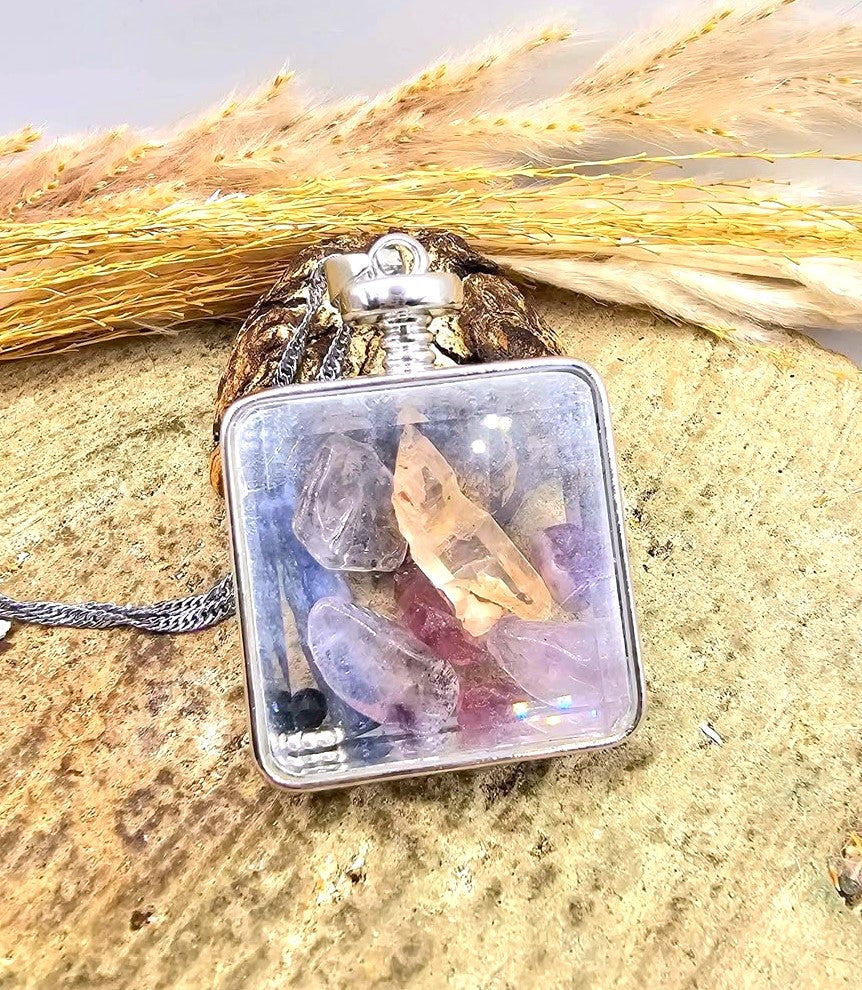 Mixed crystal stones square floating pendant necklace size reference — My Aura Gemstones
