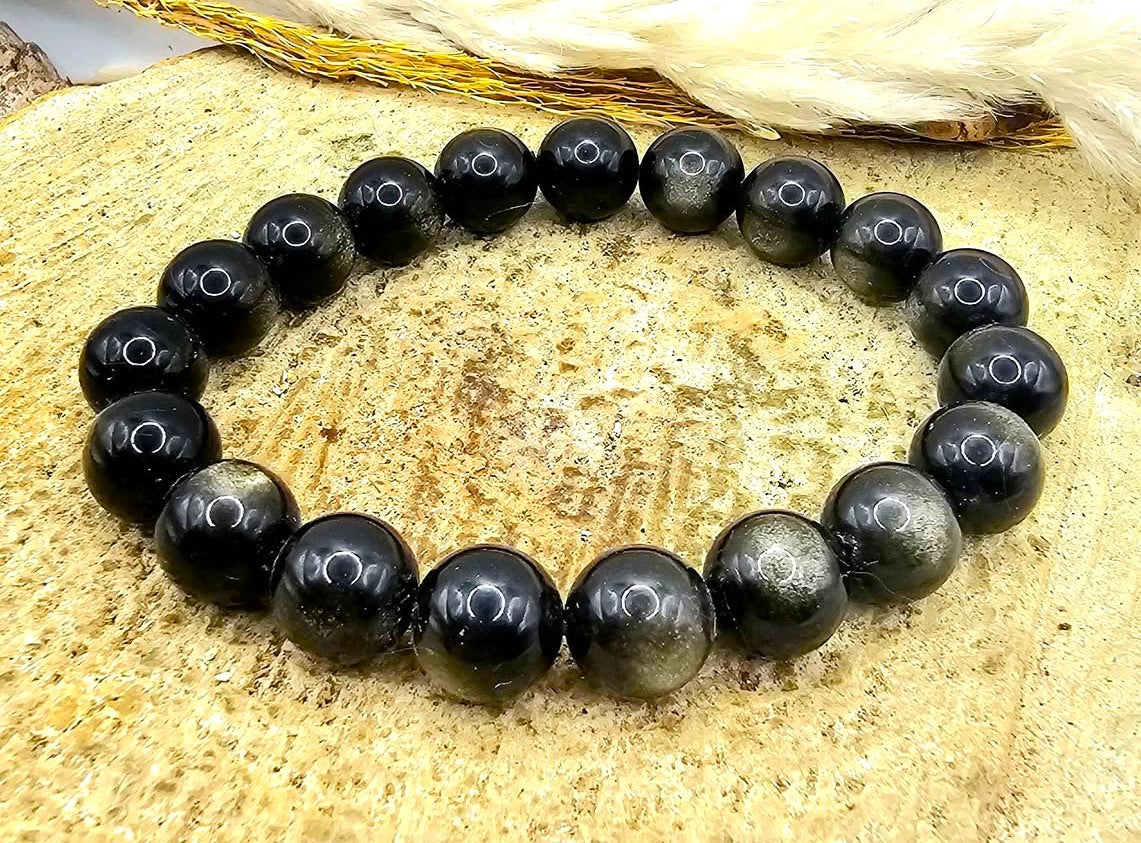 Natural Gold Obsidian Bracelet – 10mm Flashy Round Beads with Strong Cat‑Eye Effect – Protection & Grounding Crystal Jewelr