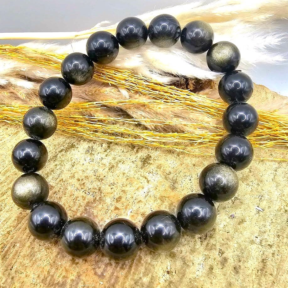 Natural Gold Obsidian Bracelet – 10mm Flashy Round Beads with Strong Cat‑Eye Effect – Protection & Grounding Crystal Jewelr
