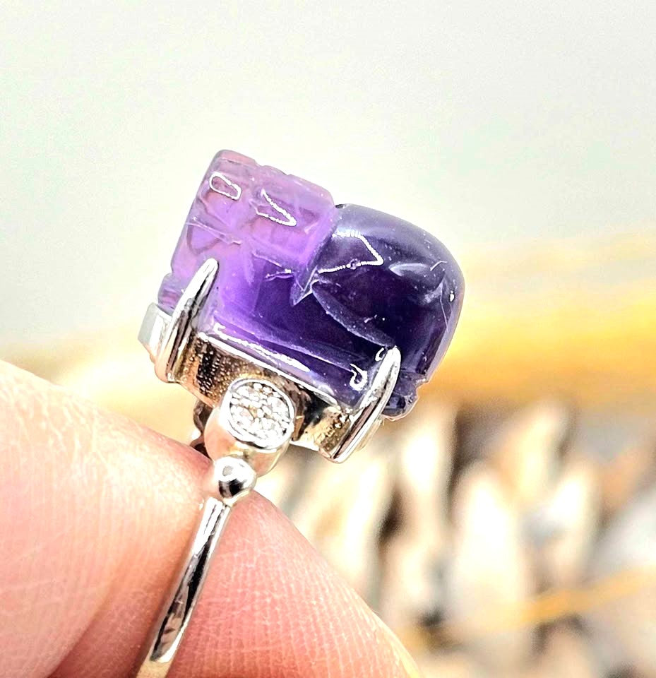 Natural Amethyst Pixiu Adjustable Ring – Hand‑Carved Crystal Protection Ring in S925 Sterling Silver