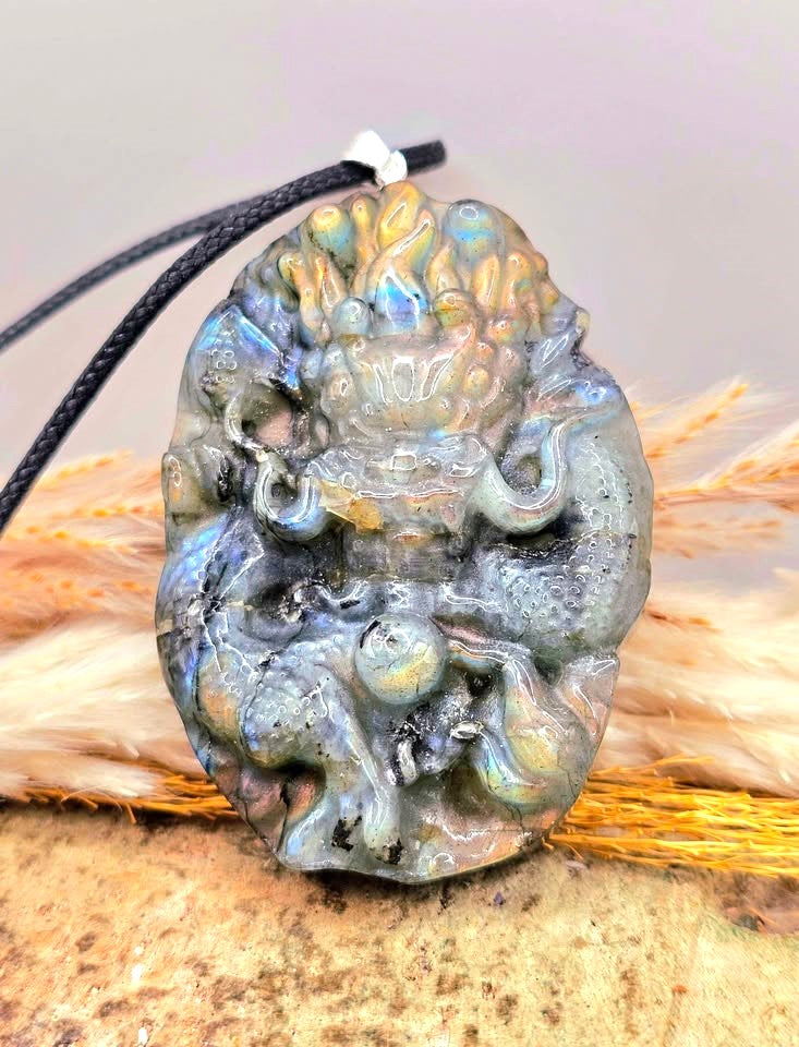 Natural Labradorite Carved Flying Oriental Dragon with Pearl Statement Pendant Necklace