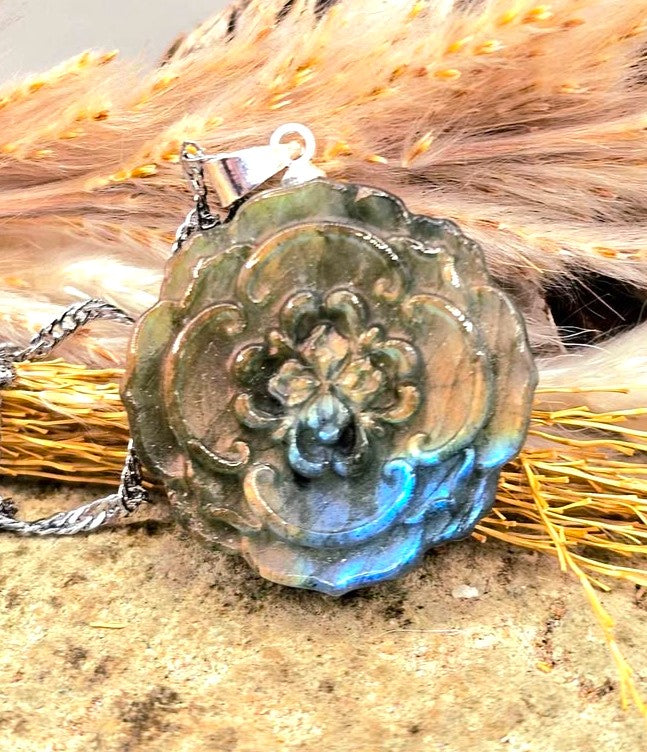 Natural labradorite flashy floral pendant necklace alternate angle — My Aura Gemstones