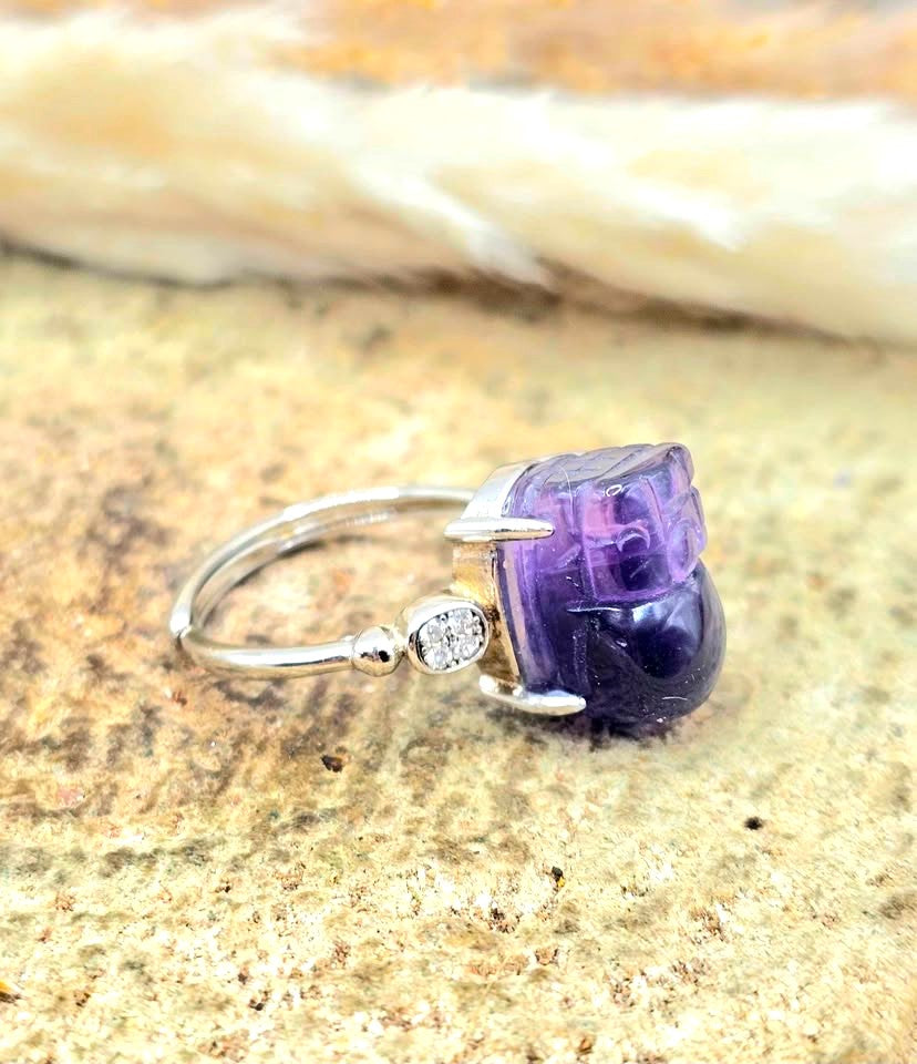 Natural Amethyst Pixiu Adjustable Ring – Hand‑Carved Crystal Protection Ring in S925 Sterling Silver