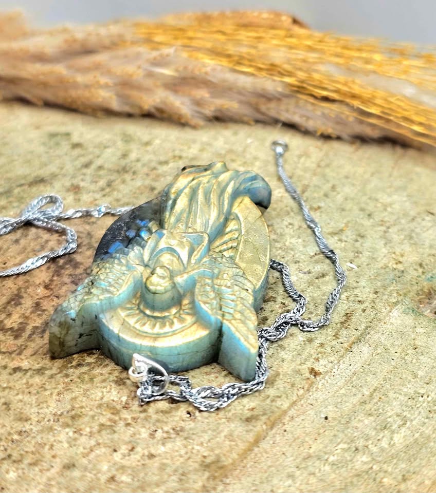 Natural Labradorite Carved Flashy Praying Angel Pendant Necklace