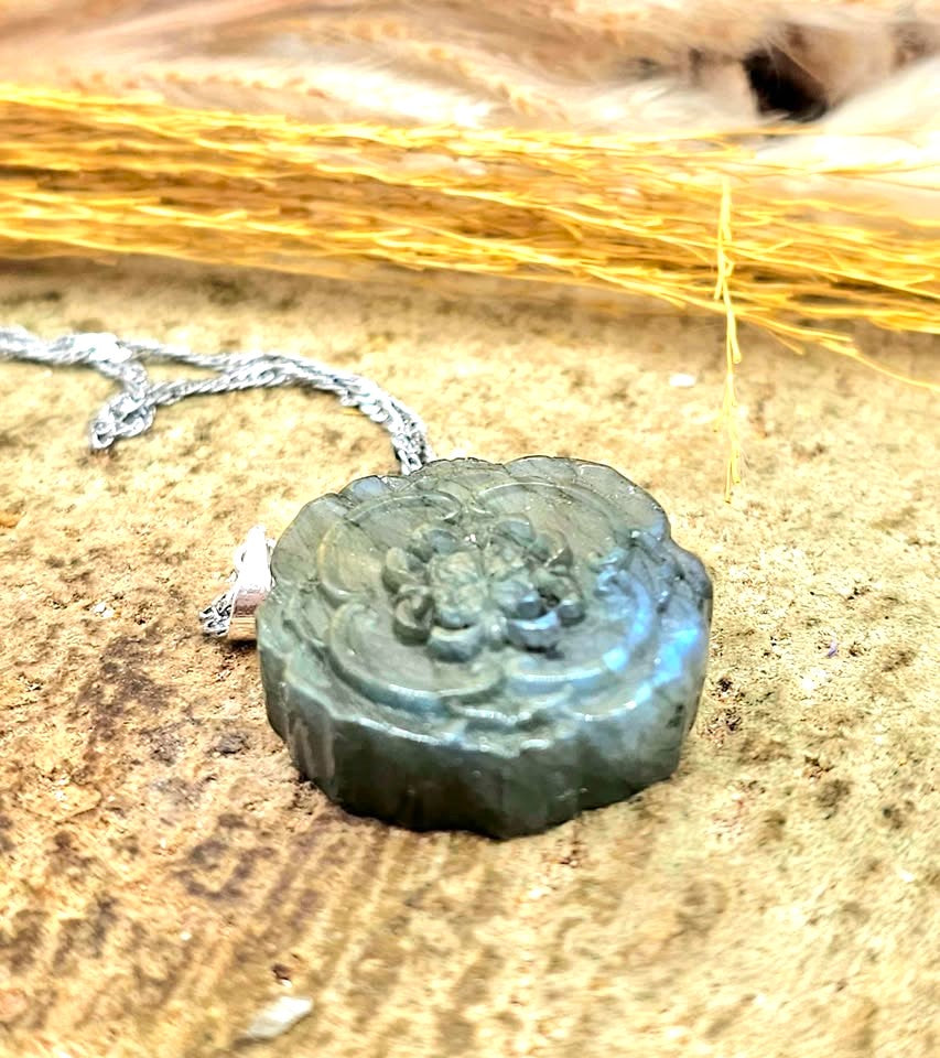 Natural labradorite flashy floral pendant necklace worn view — My Aura Gemstones