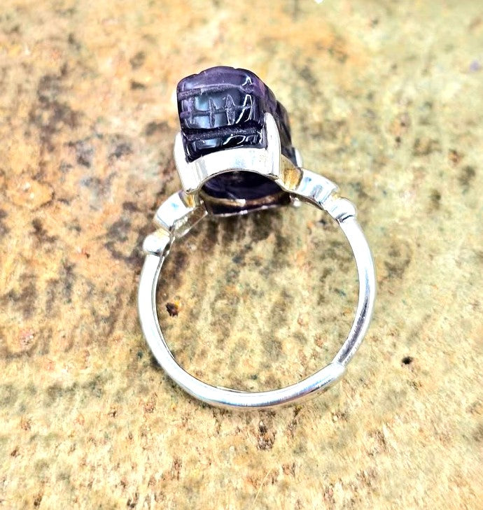 Natural Amethyst Pixiu Adjustable Ring – Hand‑Carved Crystal Protection Ring in S925 Sterling Silver