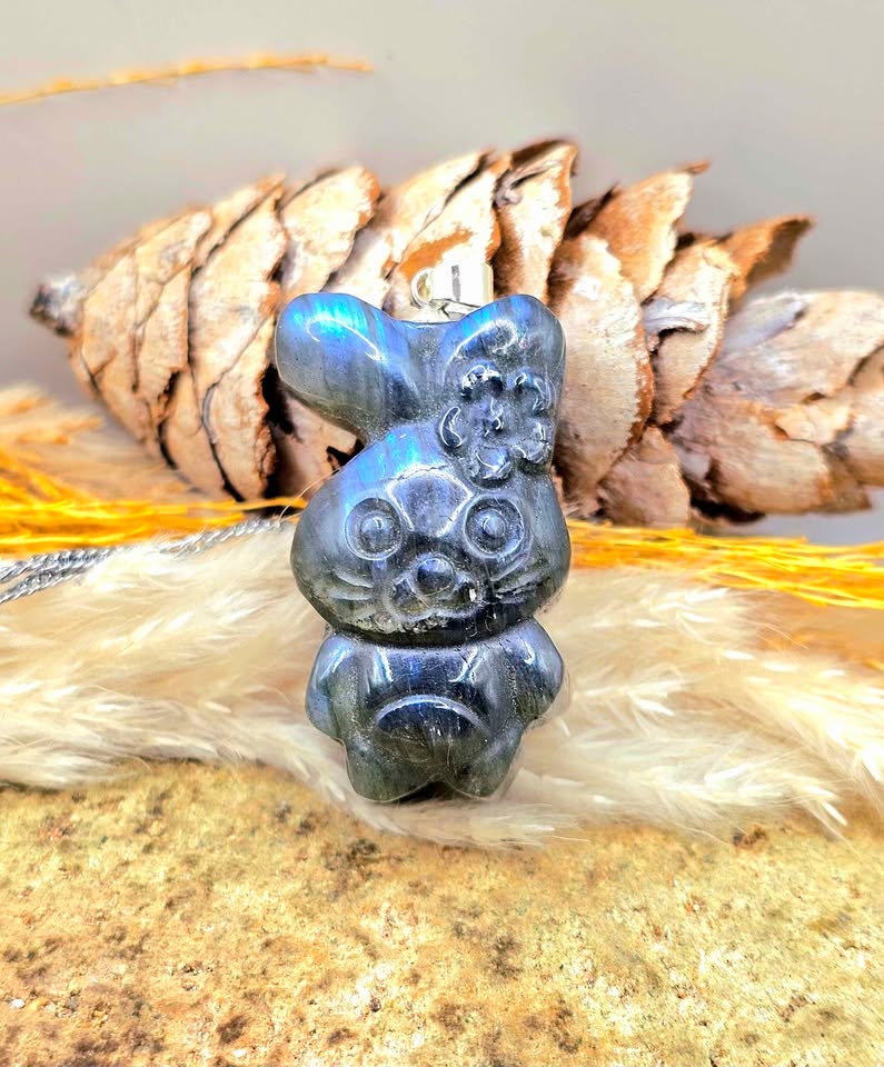 labradorite cheerful rabbit with flower pendant — My Aura Gemstones