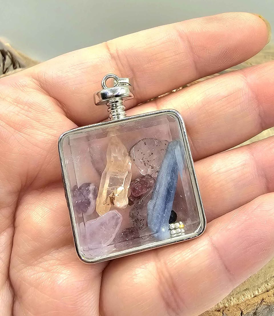 Mixed crystal stones square floating pendant necklace lifestyle view — My Aura Gemstones
