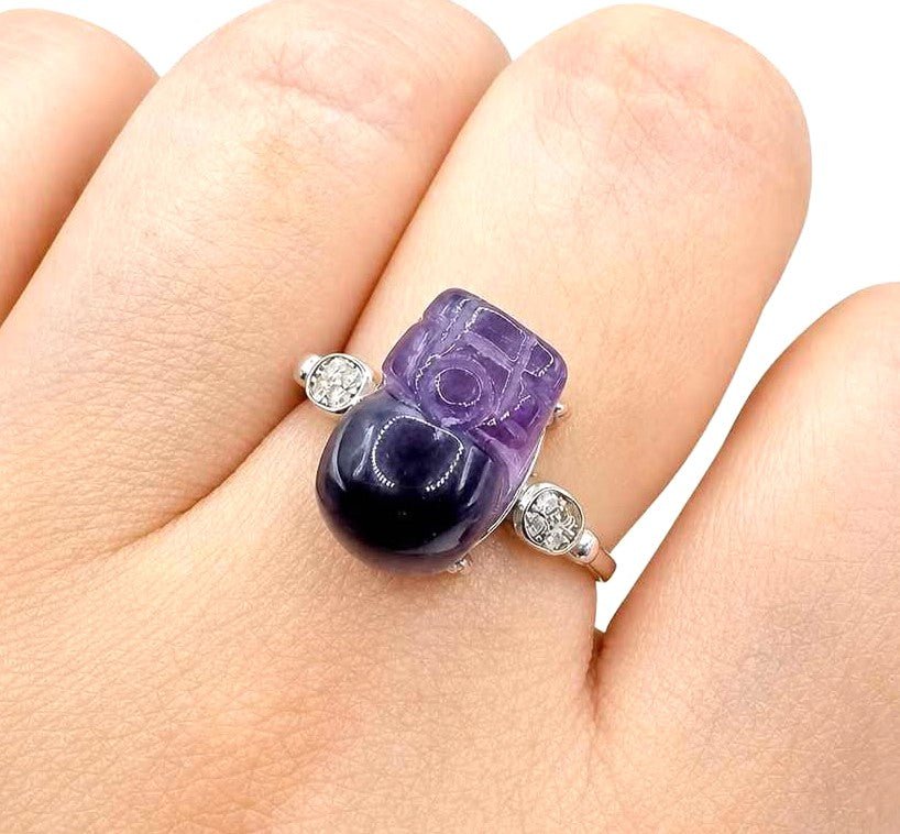 Natural Amethyst Pixiu Adjustable Ring – Hand‑Carved Crystal Protection Ring in S925 Sterling Silver