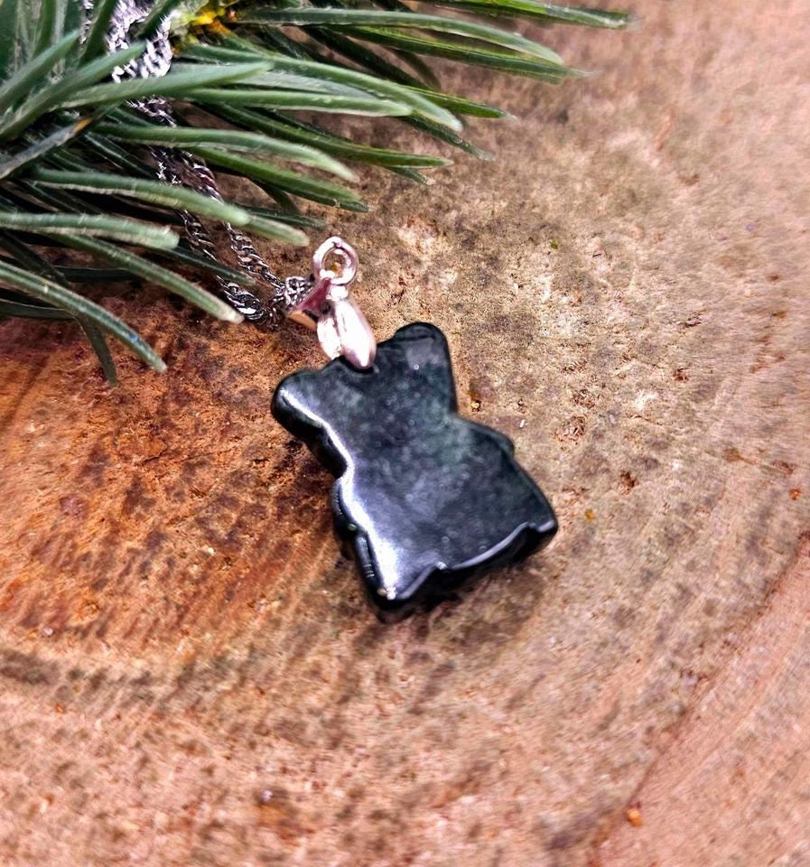 Certified Nature Dark Jade Carved Cute Bear With Bow Pendant Necklace