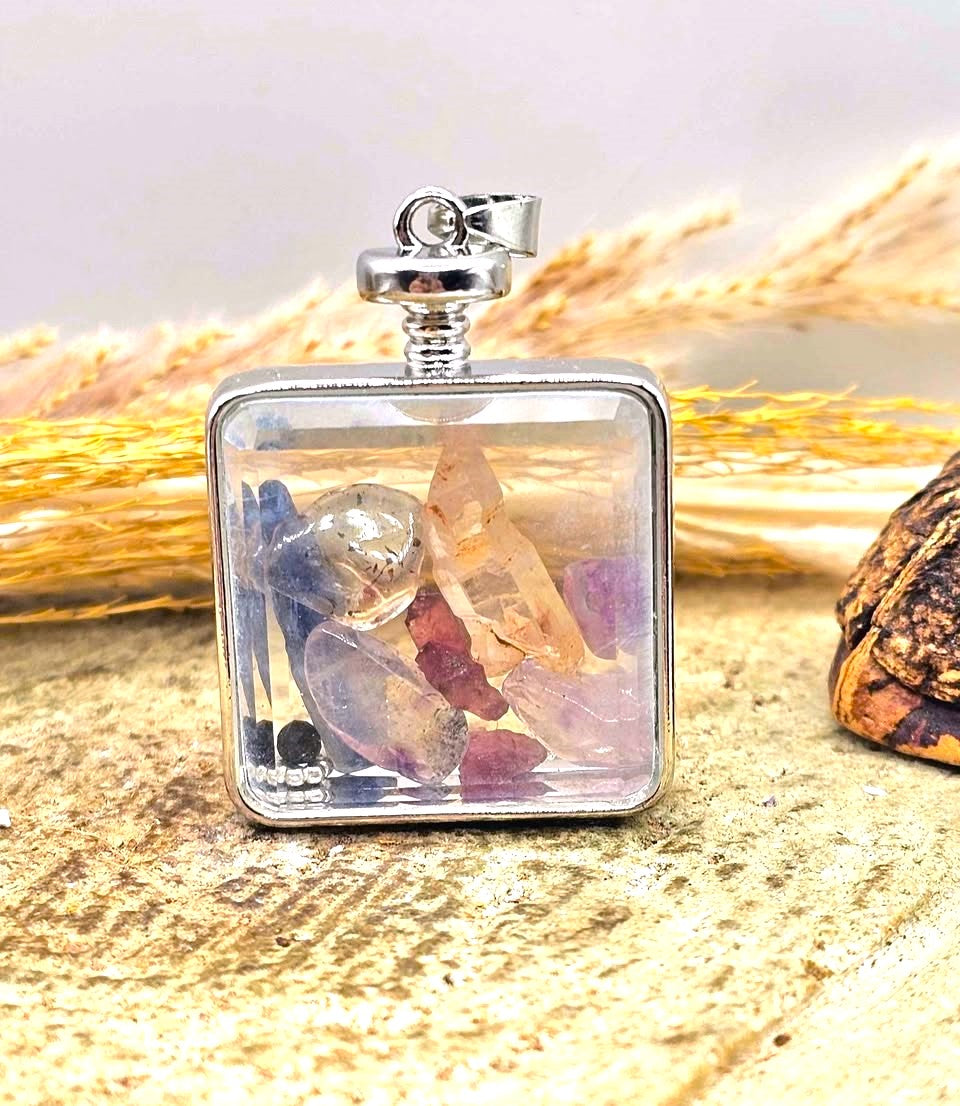 Mixed crystal stones square floating healing energy pendant necklace close-up — My Aura Gemstones
