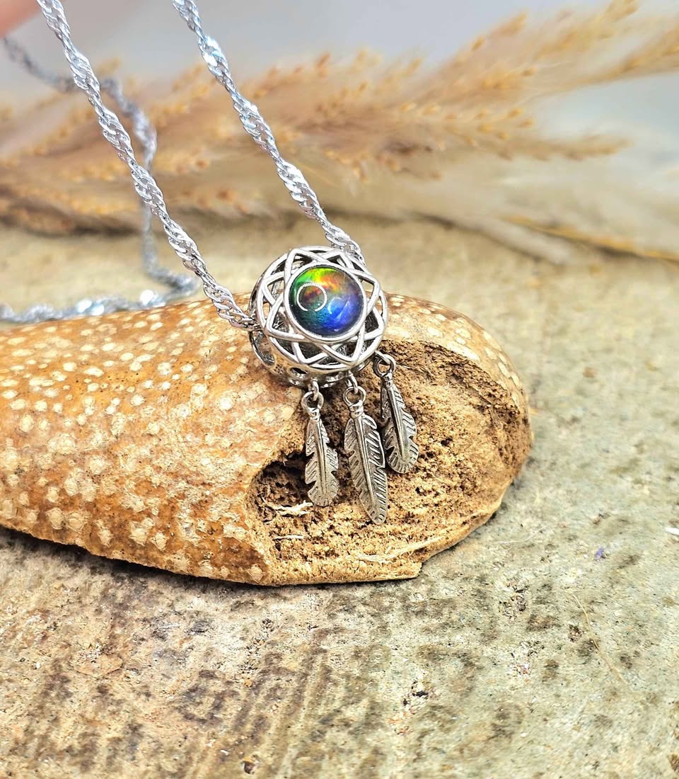 Genuine Canadian Ammolite Dream Catcher Pendant Necklace – 925 Sterling Silver