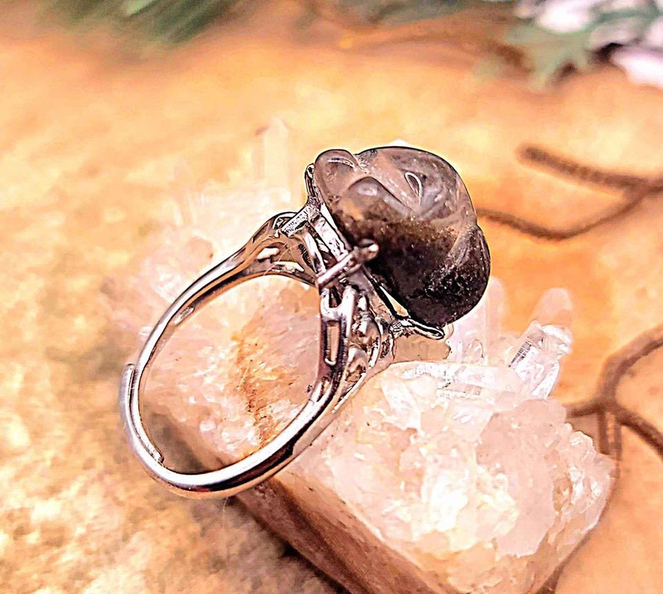 Beautiful Nature Phantom Quartz Hand Carved Fox Adjustable Ring
