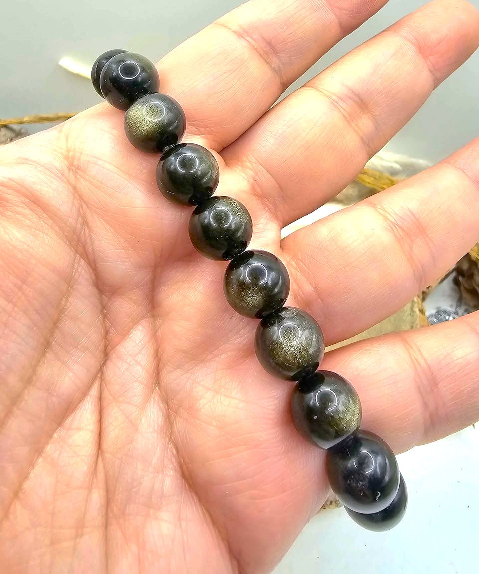 Natural Gold Obsidian Bracelet – 10mm Flashy Round Beads with Strong Cat‑Eye Effect – Protection & Grounding Crystal Jewelr