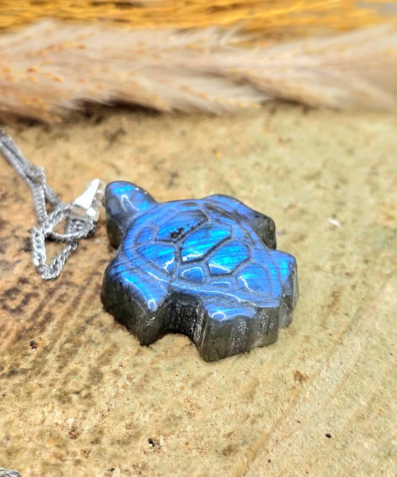 Labradorite carved sea turtle pendant necklace back view — My Aura Gemstones